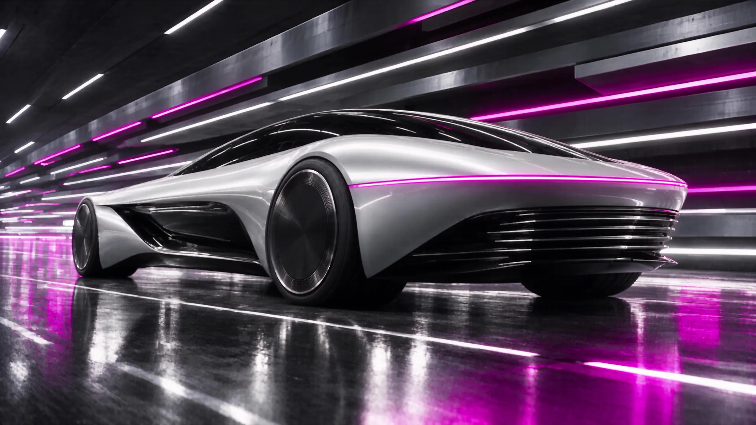Silver concept car with a magenta light line in a tunnel of white light