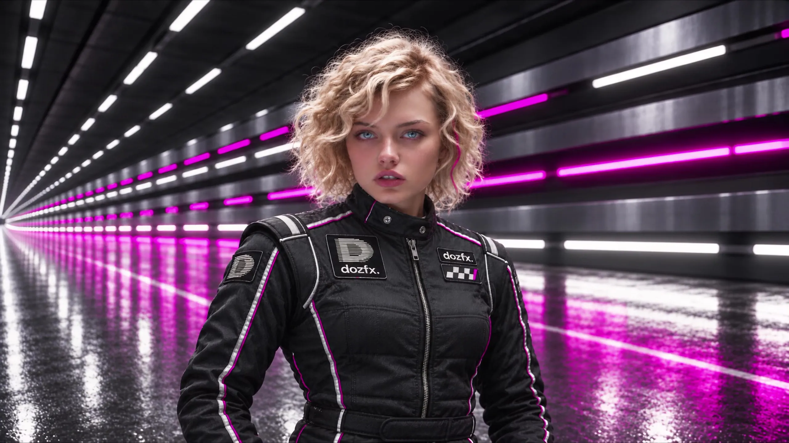 Portrait study of a racing driver with blonde curls in a black dozfx race suit, in a tunnel of white and magenta light