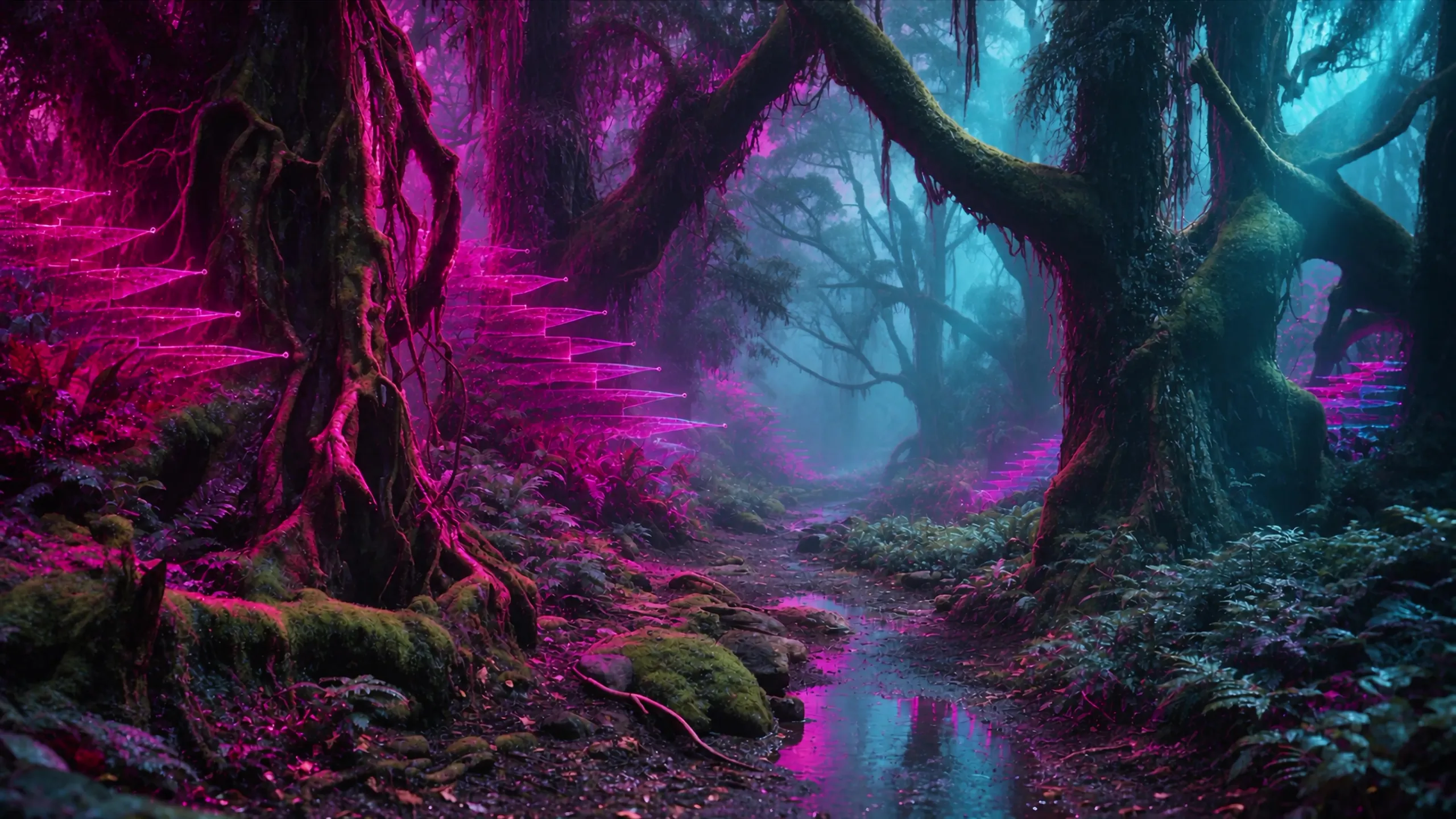 A misty forest with mossy trees, a stream and glowing magenta lines among the ferns
