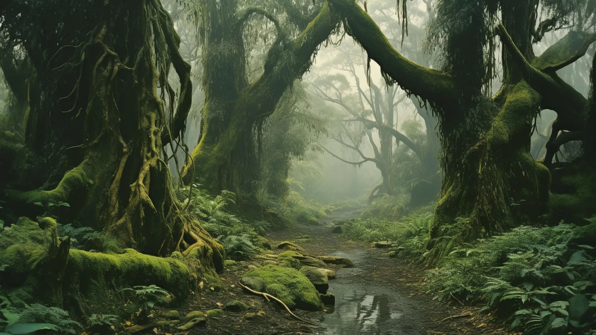 Misty forest with mossy trees and a stream