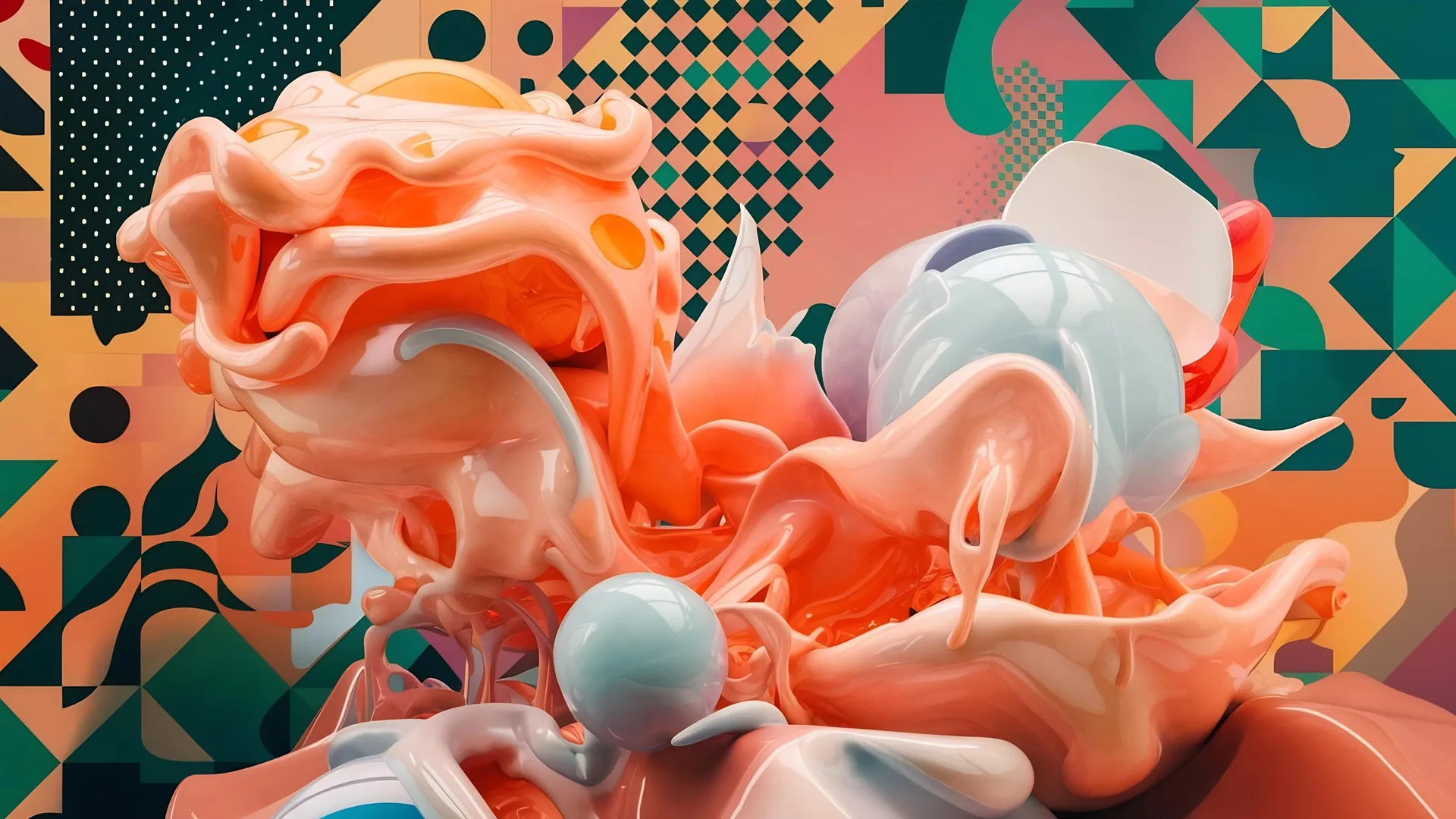 Glossy sculptural forms on a geometric pattern